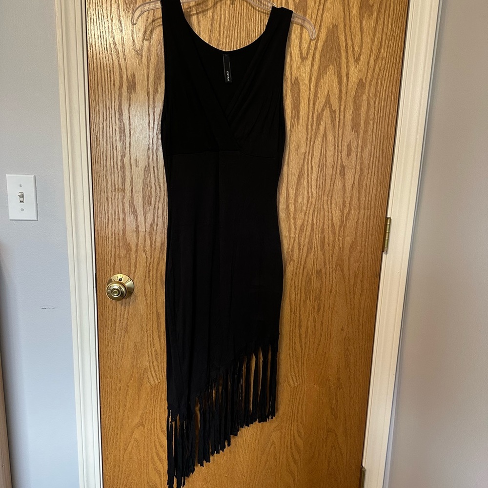 Black assymeytrical fringe tank dress